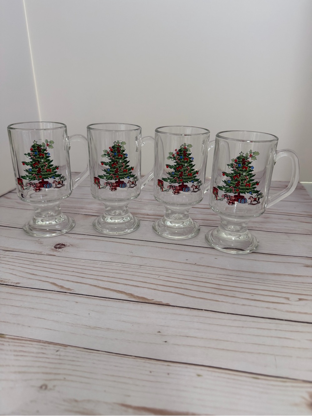 Luminarc Pedestal Christmas Tree & Holly Irish Coffee Mug Cups Set Of 4 Holiday